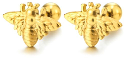 Zart Goldton Biene Ohrstecker Ohrringe, Edelstahl, Schraube Wieder, Naturinspiriert Mode, Statement Schmuck