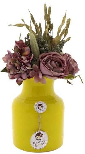 CERÁMICA ESPAÑA Vase décoratif en terre cuite - Vase en céramique - Vase à fleurs - Vase à fleurs - Plumeau décoratif - Jaune - Modèle D03 - 15 x 15 x 20 cm