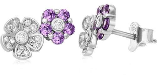 Orecchini del brand GioiaPura con zirconi bianchi, viola. Tipo di chiusura perno e farfalla, simbolo fiore. La referenza è: INS029OR266RHVI