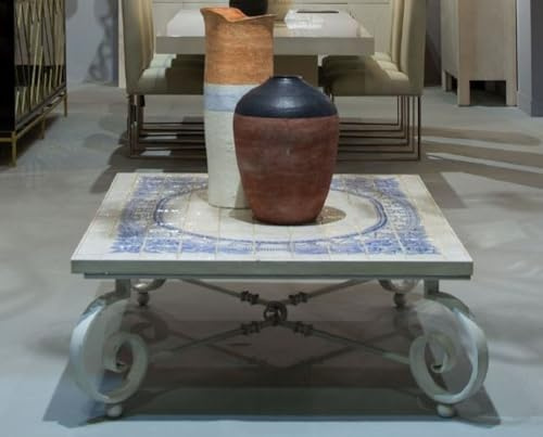 Casa Padrino Luxus Barock Couchtisch Creme/Blau/Weiß 136 x 106 x H. 42 cm - Gartentisch mit Keramik Fliesen Tischplatte und Schmiedeeisen Tischbeinen - Barock Wohnzimmer & Garten Möbel