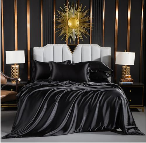 Juego de Funda Nordica Saten Cama 135/150 Negro Sábanas de Seda Satinada de Brillo Lustroso Juego de Funda de Edredón 240x220 y Fundas Almohada (50x75cm)