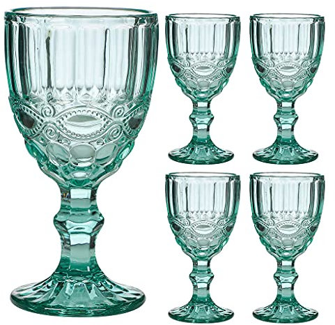 Wine Glasses Set of 4 Embossed Vintage Style Baroque Wine Goblet Glassware Set Dishwasher Safe Wine Glass Set Alfresco Dining Glassware (Turquoise)