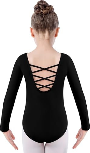 DANSHOW Girls Team Basic Ballet Leotard - Black Long Sleeve Gymnastic Leotard (5028-06-L)