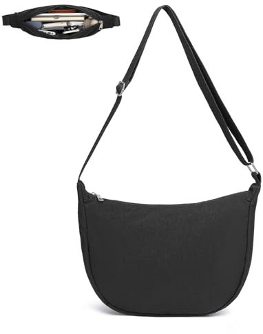 Miss Lulu Ccrossbody Bag Damen Halbmond Tasche Schultertasche Umhängetasche mit Einstellbarem Schultergurt Nylon Bauchtasche Unisex für Täglich Anlass (Schwarz)
