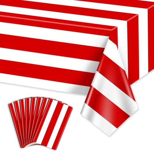 8 Stück Rot Und Weiß Gestreifte Tischdecken, Karneval Tischdecke Kunststoff Einweg Rote Streifen Tischdecken Für Karneval Mottoparty, Filmabend, Geburtstag, Urlaubsparty, 130 X 220cm