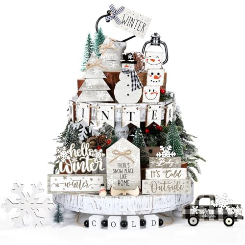 Tatuo 20 Pcs Christmas Tiered Tray Decor Holiday Tiered Tray Decorations Set Gingerbread Man Xmas Tree Wooden Signs Farmhouse Christmas Table Decorations for Home Table