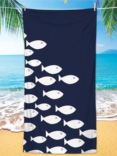 Mikrofaser-Strandtuch in Dunkelblau mit Fisch-Druck, großes weiches Handtuch für Erwachsene und Kinder, ideal für Schwimmen, Sport, Fitnessstudio und Reisen, 100 x 200 cm