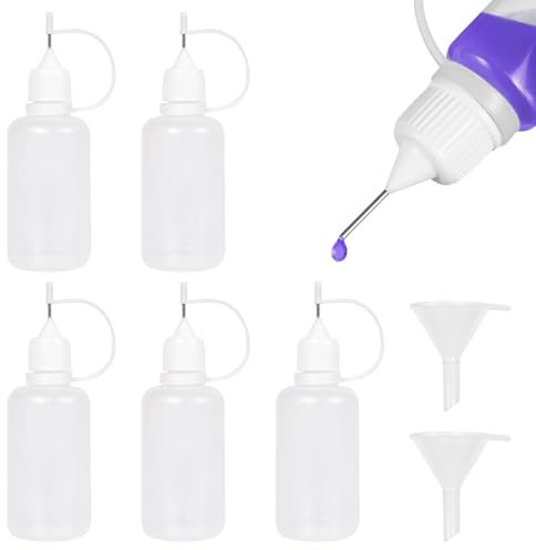 Colexy Nadelflaschen 30ml 5 Stück Quetschflasche Klein 30ml, Dosierflasche, Kleine Plastikflaschen Zum Befüllen, Mit 2 Einfülltrichtern, Für Flüssigkeiten, Öle, Farben, Tinten Und Klebstoffe