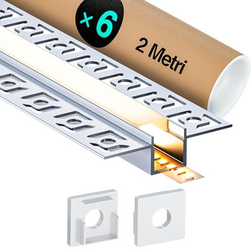 LASLUX 6 x LED Aluminium Profil 2 m (12 m) Led Trockenbau Profil led fliesenprofil für als 20 mm oder Dual Led Streifen/Led Leisten/Led Profil, with Milchig Weißer Abdeckung Endkappen - 55,5 x 14,9 mm