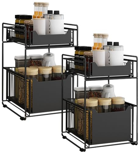 OHMG Rangement Sous évier à 2 Niveaux,Organisateur de Cuisine avec Tiroirs Coulissants,Panier Coulissan pour Cuisine,Garde-Manger,Chambre,Porte-épices,Tiroir coulissant cuisine