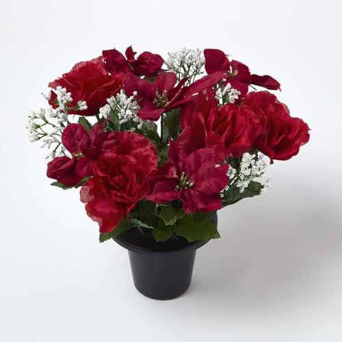 HOMESCAPES Artificial Poinsettia and Rose Christmas Flower Memorial Grave Pot Vibrant Red Green and White Plant Ideal Funeral Decor