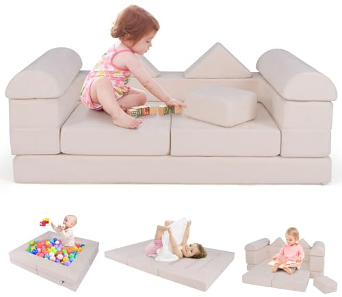 COSTWAY Kids Play Couch, 9-Piece Modular Soft Foam Playset with Detachable Suede Fabric Cover, Convertible Children Sofa Bed for Playroom Kidsroom Living Room (Beige)