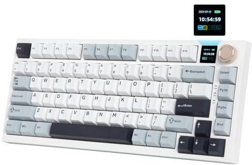 HUO JI 75% Mechanische Tastatur,QWERTY Gasket-Mounted Design,Cremefarben mit TFT-Bildschirm,Bluetooth 5.1/2.4G Wireless & USB-C Kabelgebunden, Geräuschdämpfung, Vorgeölte Lineare Schalter, Weiß Blau