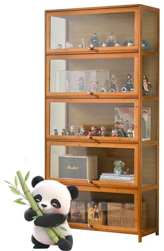 Ddasam Vitrinenschrank, setzkasten mit Scheibe, Vitrine, natürlicher Bambusrahmen, Figuren und Curio-Sammlungsvitrine, versiegelt, staubdicht, leicht zu reinigen172×80×33cm,Vitrine mit 5 Fächern