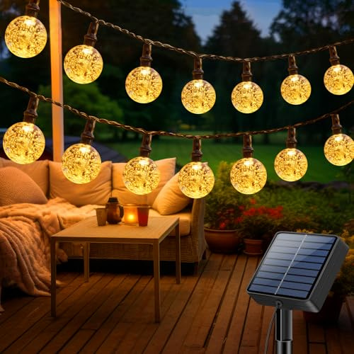 litogo Solar Lichterkette Aussen, 10M LED Lichterkette Außen Solar Wetterfest, 8 Modi Kristall Kugeln, Solarlichterkette Outdoor für Balkon, Garten, Terrasse, Hochzeit, Partys, Warmweiß