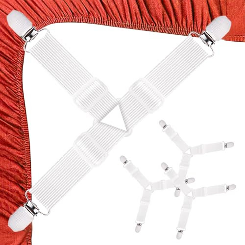Qufiiry 4 Pcs Tendeur Drap Housse, Blanc Attache Drap Housse, ttache Sangle de Maintien Ajustable avec Pinces Métalliques, Tendeurs De Drap pour Drap Lit, Canapé, Housse de Repassage