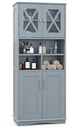 GOPLUS Armoire Haute de Salle de Bain, Armoire de Rangement Autoportante avec 2 Placards à Portes, Étagères Réglables, 3 Étagère Ouvertes, pour Salon, Salle à Manger, 60 x 30 x 145 cm (Gris)
