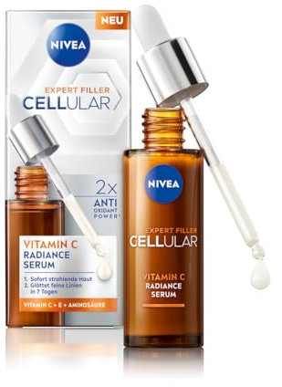 NIVEA CELLULAR Expert Filler Vitamin C Radiance Serum, leichtes Hautpflege Serum mit Vitamin E, Gesichtspflege für geglättete Falten und strahlende Haut (30 ml)