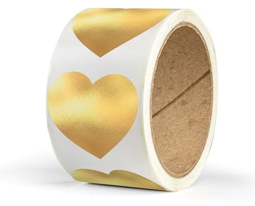 Herz Aufkleber zum Beschriften – 50 Sticker in Herzform – 6 x 5,5 cm groß – selbstklebende Herz Etiketten auf Rolle – für Geschenke zu Valentinstag, Muttertag, Geburtstag, Hochzeit - GOLD GLÄNZEND