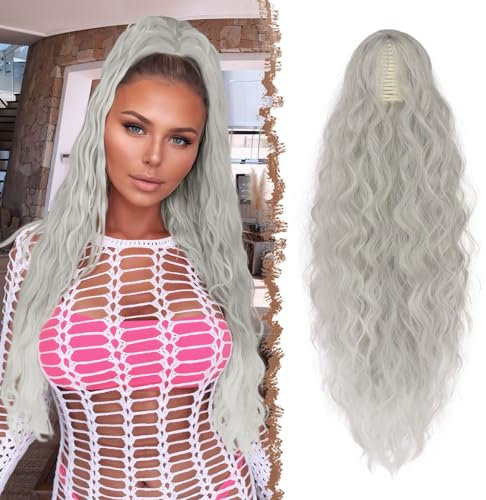 FESHFEN Pferdeschwanz mit Klammer, Lange Wellig Lockig Haarextension Synthetik Zopf Haarverlängerung Claw Clip in Haarteil Ponytail für Damen 65cm Grau
