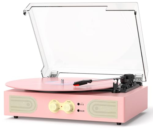 Vinyl Record Player with Built-in Speakers, Vintage 3-Speed Turntable, Bass/Treble Control, Headphone Jack, RCA/AUX Outputs, Belt-Driven LP Player, Pink