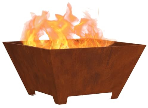 vidaXL Feuerstelle Braun 60 x 60 x 30 cm Wetterstahl, Moderner Outdoor-Feuerkorb, quadratisch, tragbar, rostfrei für Gartenpartys, gemütliches Flair