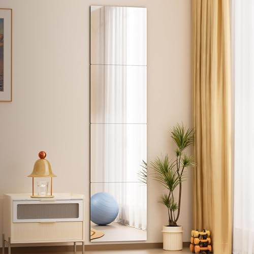 Hasipu Fitness-Spiegel, 29 x 29cm x 4 Stück Packung Wandspiegel Klebespiegel, DIY Türspiegel Ganzkörperspiegel, rahmenloses gehärtetes Glas, Klebewand für Schlafzimmer Wohnzimmer Schranktür