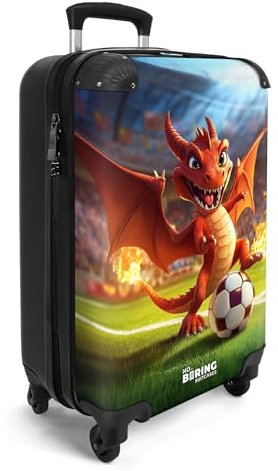 NoBoringSuitcases.com® Handgepäck Koffer Kinder 55x35x20 cm Reisekoffer Kinderkoffer mit 4 Rollen Leicht Cabin Trolley Hartschalenkoffer Flugzeug Drache - Rot - Fußball - Stadion