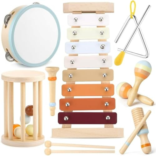 Musikinstrumente für Kinder, Montessori Holzspielzeug Baby Instrumente Set mit Xylophone Trommel Kinder Stimme Erleuchtung Hand Glocke Klopfendes Klavier Lernspielzeug Percussion Musik Geschenk