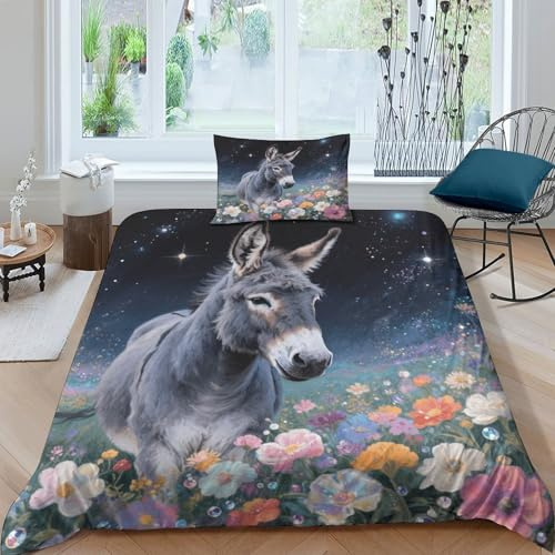 Esel Bettbezug-Set Weiches Microfaser 3-TLG. Bettwäsche Mit Esel Blumenmeer-Design Mit Reißverschluss & Kissenbezüge Für Erwachsene Kinder Single（135x200cm）