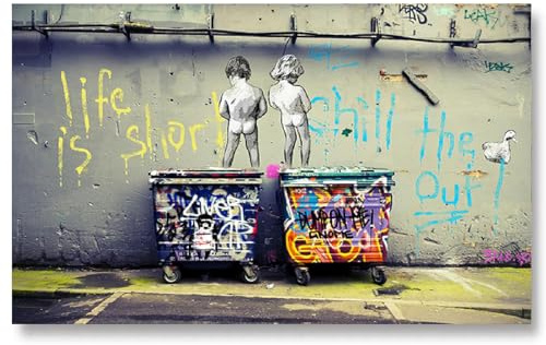 Banksy Bilder Leinwand Life is Short Wandbild 90x70 cm Graffiti Streetart Bilder Leinwand Bild XXL Wanddeko Poster Pop Art Bunt Kunstdruck für Wohnzimmer Schlafzimmer Dekor Rahmenlos