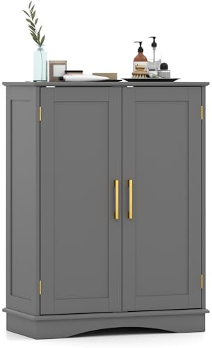Multigot Bathroom Floor Cabinet, Freestanding Storage Cupboard with Adjustable Shelf, Wooden Display Organizer Unit for Bathroom Living Room Entryway (Gray)