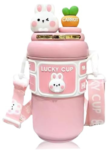 Bouteille d'eau mignonne, bouteille d'eau kawaii 550 ml de lapin mignon linde à double couvercles en acier inoxydable isolé avec une sangle réglable et une fuite de paille portable pour les voyages