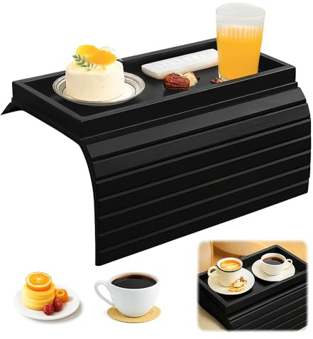 Black Wooden Sofa Arm Tray: Flexible Foldable Couch Armrest Tray | 13.1 x 17.9 in Arm Chair Table with Secure Non-Slip Fabric Backing for Remote Controls Drinks Snacks and Relaxing at Home