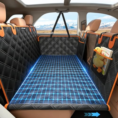 KYG Hard Bottom Dog Hammock for Car, Back Seat Extender, Dog Car Seat Cover for Back Seat Waterproof with Mesh Window and Storage Pocket Travel Bed For Cars Medium SUVs