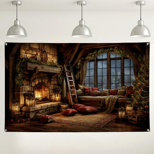 Gemütlicher, rustikaler Kaminhintergrund, Vintage-Kabinen-Stil, Innendekoration, warmbraune Winterszene für Fotografie, Urlaub, Party, Standzubehör, 180 x 109 cm