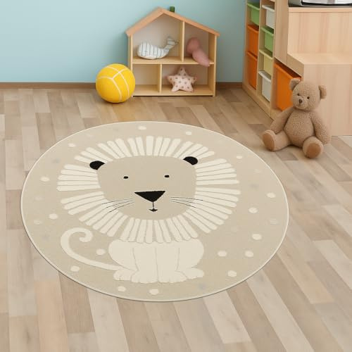 CARPETIA Kinderteppich Rund Löwenmotiv Beige Creme 3D-Effekt Ø 120 cm | Pflegeleicht, strapazierfähig, hautsympathisch und schadstofffrei, OEKO-TEX geprüft, für Fußbodenheizung & Kinderzimmer