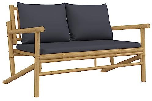 HETFTJN Banc de jardin en bambou - 115 x 75 cm - Avec coussin gris foncé - Moderne - Robuste et durable - Pour balcon, terrasse, jardin