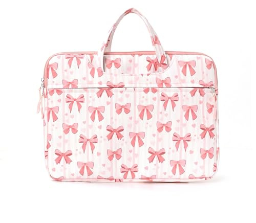 Pink Bow Laptop Sleeve, 13in Soft Protective Laptop Case with Handle & Front Pocket, Cute Laptops Bag for Women Girls, Portable Computer Pouch Cover Compatible with MacBook, iPad, Chromebook
