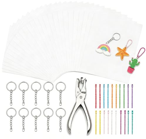 51 Stück Schrumpffolie Set Schlüsselanhänger, 20 Blatt Schrumpfpapier, Schrumpffolie mit Locher, Schlüsselanhängern & Kugelketten, DIY Bastelset für Anhänger, Schmuck, Kunsthandwerk und Kinder