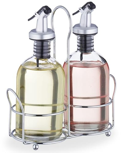 MGE - Set de Aceitera y Vinagrera + Pimentero y Salero - Aceitera y Recipiente para Aliños de Vidrio - Soporte de Acero Inoxidable - 4 Piezas
