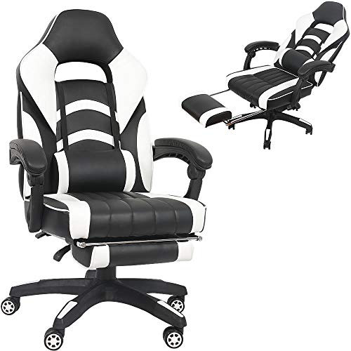 Melko Gamingstuhl Ergonomischer Bürostuhl mit Fußstütze in Schwarz Weiß Racing Stuhl Office Schreibtischstuhl Chefsessel Gaming Sessel Gamer Stuhl Racer Drehstuhl Sportsitz