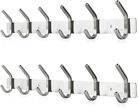Dripex Hakenleiste Rostfrei Edelstahl Kleiderhaken Garderobenhaken gebürstete Optik Doppelhaken bis zu 30kg belastbar Haken (Silber, 6 Haken - 2 Pack)