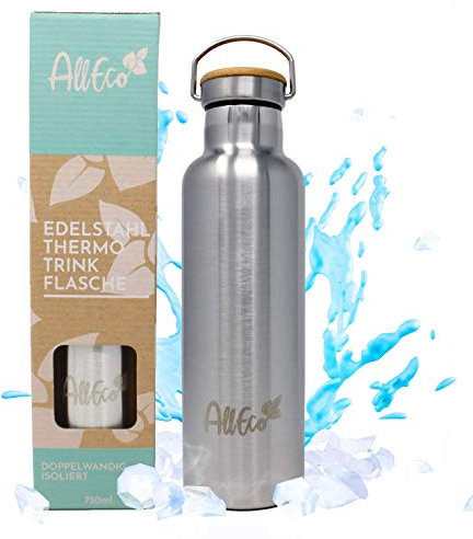 AllEco® Edelstahl Trinkflasche Thermosflasche 750ml Isolierflasche Thermo Bottle doppelwandig & auslaufsicher + Bambus Deckel & EXTRA Sportverschluss | Wasserflasche ideal für Camping Wandern Kinder