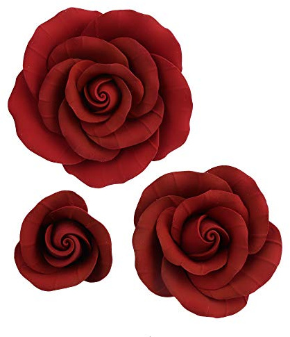 O'Creme Deep Red Rose Gumpaste Flower - for Cake Decorating - Sugar Paste Decorations for Cakes, Cupcake Toppers - Birthday, Wedding, Valentines, Baby Shower - Set of 6-3 Different Sizes