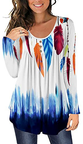 BeadChica Tunique décontractée pour femme à porter avec des leggings à manches longues Henley Chemisiers à boutons, Plume blanche., Small