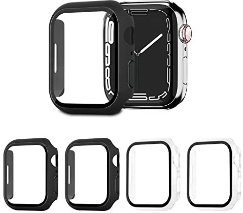 AOTUAO 4 Piezas Funda Compatible con Apple Watch Series 9 8 7 45mm, Estuche Rígido Delgado PC Protector de Pantalla Cristal Templado para iWatch Series 9 8 7 45mm (2 Negro + 2 Transparente)