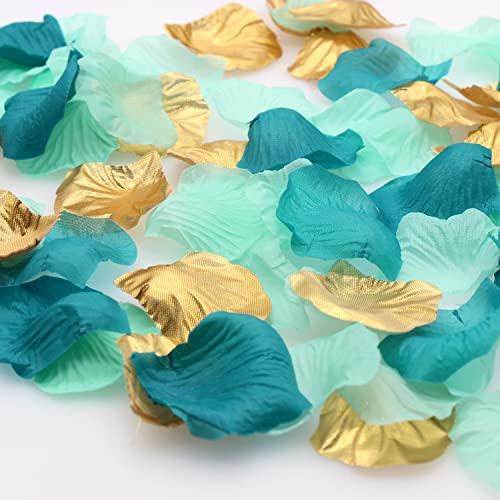 Lot de 900 pétales de rose en soie mélangée bleu sarcelle, menthe, doré, pour fête, table de fête, sirène, fête prénatale, centre de table de mariage, décoration d'allée