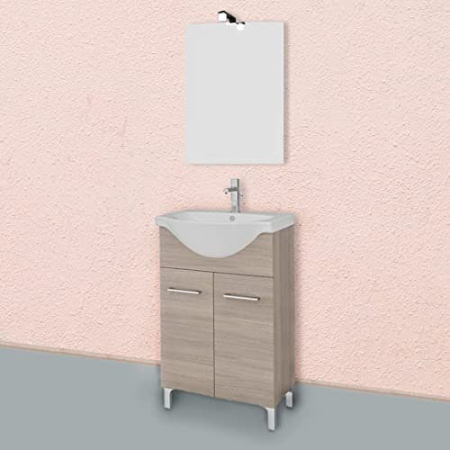 Kiamami Valentina Mobile bagno a terra da 55mm rovere fumo con 2 ante, lavabo e specchio Rimini