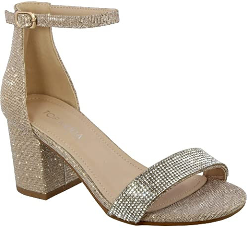 Over the Toe Strap Ankle Wrap Strap 2 Block Heel Open Toe Dress Sandal, Rose Gold Glitter, 5.5 UK